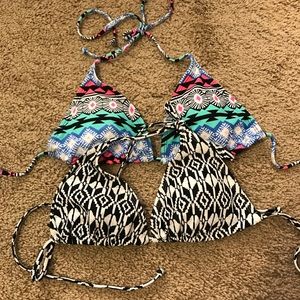 Two patterned bikini tops